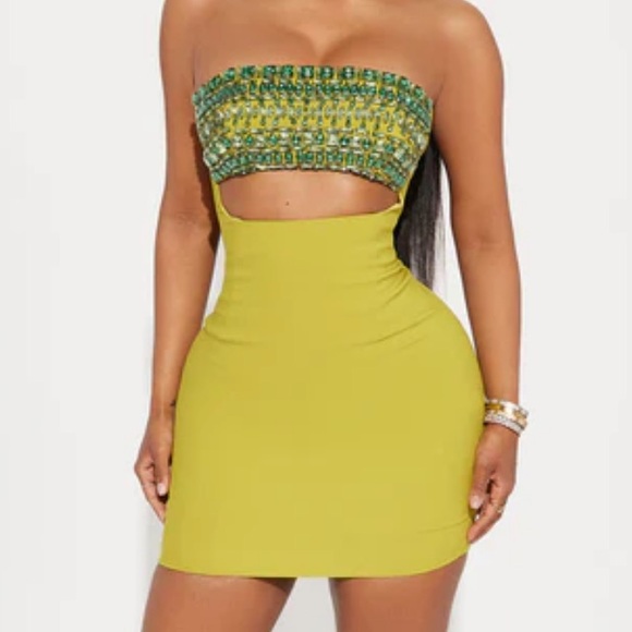 Chartreuse Rhinestone Mini Dress - Picture 2 of 3